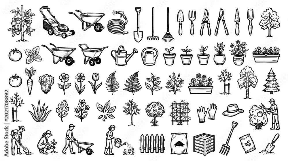 Obraz premium Gardening and horticulture tools, plants, and people icons with shovel, rake, watering can, wheelbarrow, potted plants, trees, and gardeners