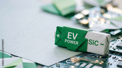 Silicon carbide semiconductor power module on circuit board in china, clean green technology concept with electric vehicle energy storage
