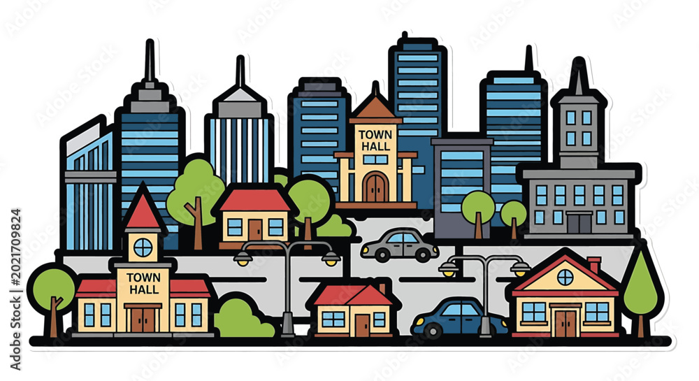 Naklejka premium City Skyline with Residential Houses.