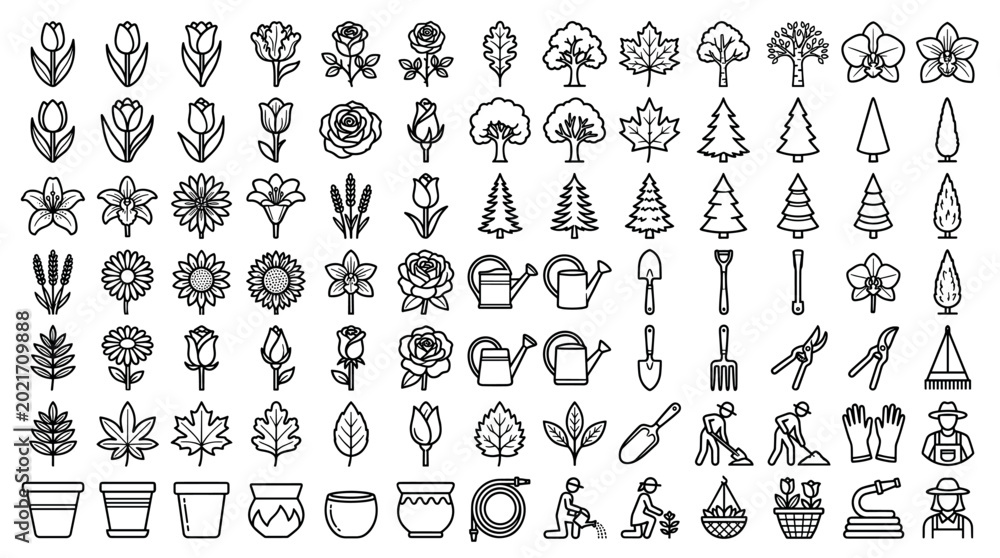 Fototapeta premium Gardening and horticulture tools, plants, and flowers icon set featuring watering cans, shovels, rakes, gloves, various trees, roses, tulips, and sunflowers in a clean line art style