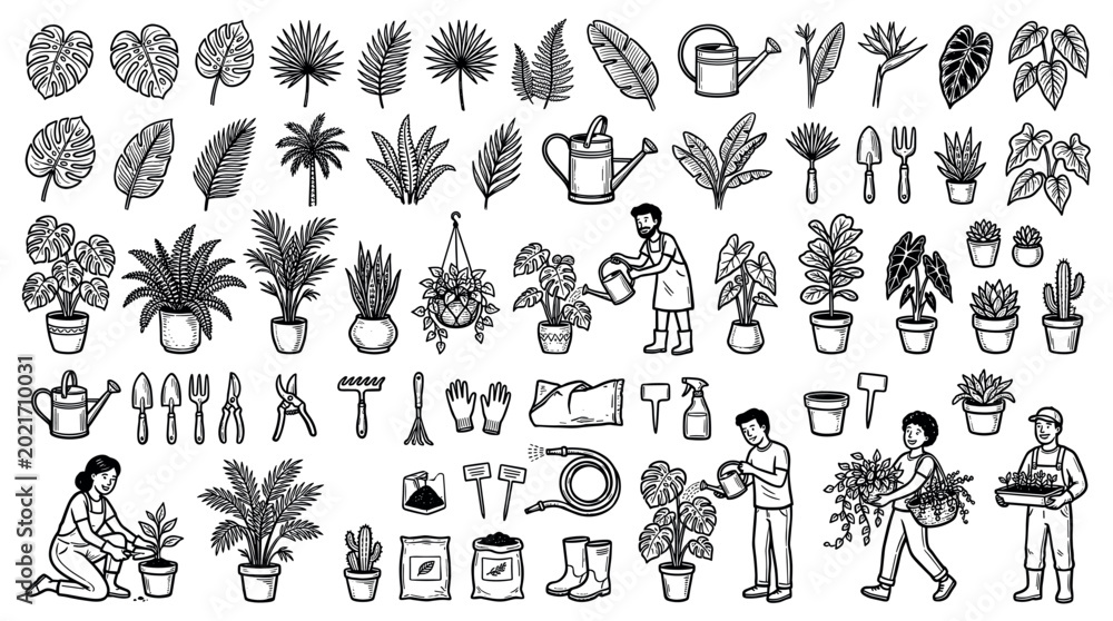 Fototapeta premium Home gardening and houseplant care equipment, tools, and people icons set, vector illustration for plant shop branding or creative digital projects