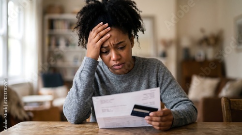 Woman holds bill and credit card, hand on head. Face shows stress, frustration, financial strain. Soft light, cozy room, wooden table. Perfect for budgeting, debt, financial struggles