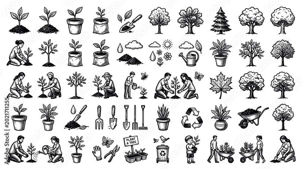 Obraz premium Gardening and planting icons featuring people, trees, plants, tools, and nature elements in a hand-drawn style for environmental and agricultural design projects