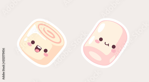 Obraz na płótnie Mini marshmallow faces in soft cream tones kawaii sweet clipart