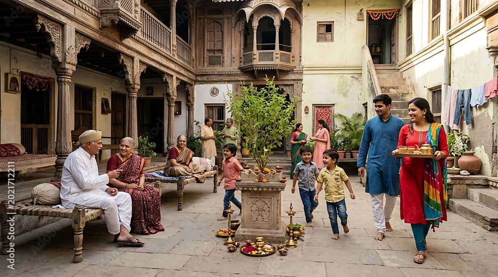 Fototapeta premium Traditional Courtyard Scene with Family and Elderly Guests