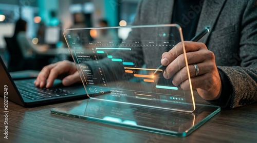 Man using a transparent digital tablet displaying a project timeline, planning future tasks and business strategy