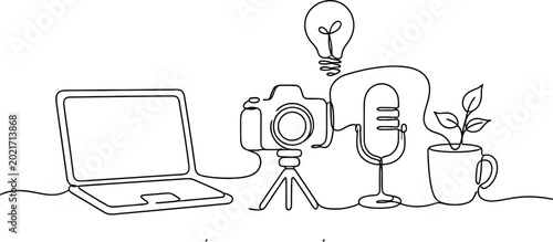 Continuous line drawing Creative tools, recording equipment, podcasting setup, digital devices