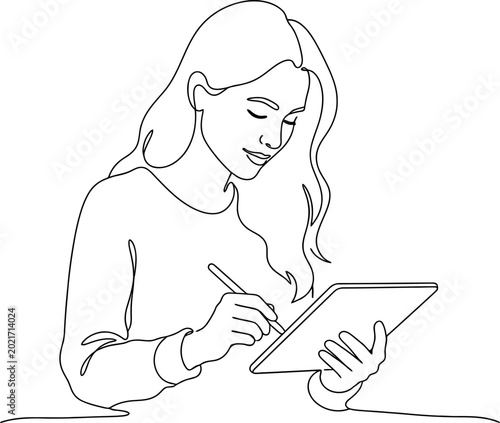 Continuous line drawing Continuous line drawing woman using digital tablet, stylus in hand, minimalist illustration