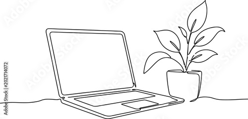 Continuous line drawing Laptop, plant, line art, minimalist, office workspace, vector illustration