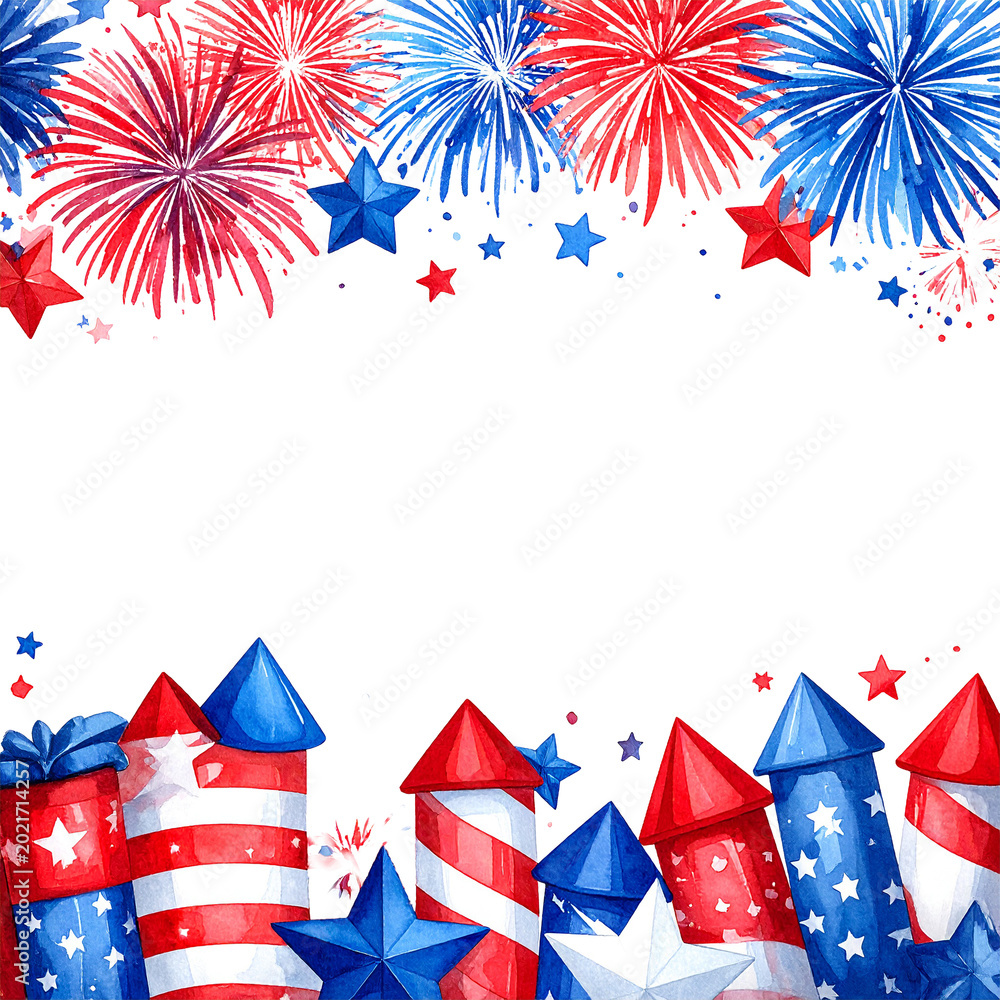 Obraz premium Fireworks and Stars: A vibrant display of festive fireworks and star-shaped confetti bursts against a background, representing celebration and joy.
