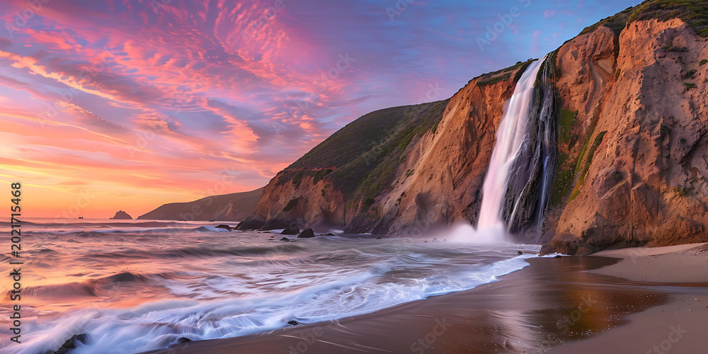Fototapeta premium waterfall cascading on coastal cliffs at sunset isolated on transparent background