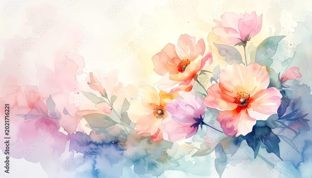 Obraz premium Watercolor floral art illustration with soft colors and copy space background
