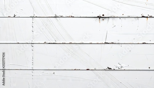 Weathered white metal siding texture showing damage and imperfections