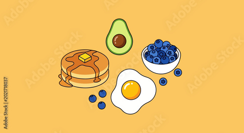 Pancakes fried egg avocado and blueberries breakfast illustration