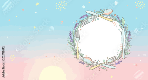 Pastel cutlery wreath frame on colorful abstract background
