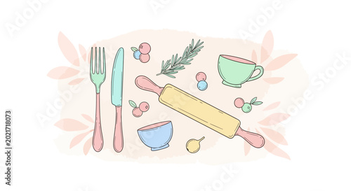 Pastel hand drawn kitchen utensils and ingredients on white background