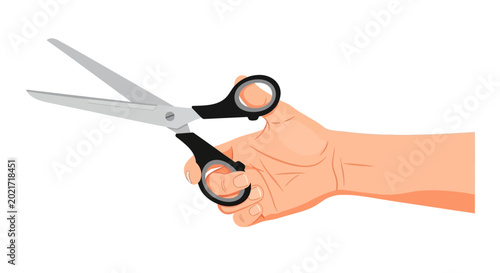 Foto Hand holding scissors, cutting tool, vector icon, black and silver, office suppl