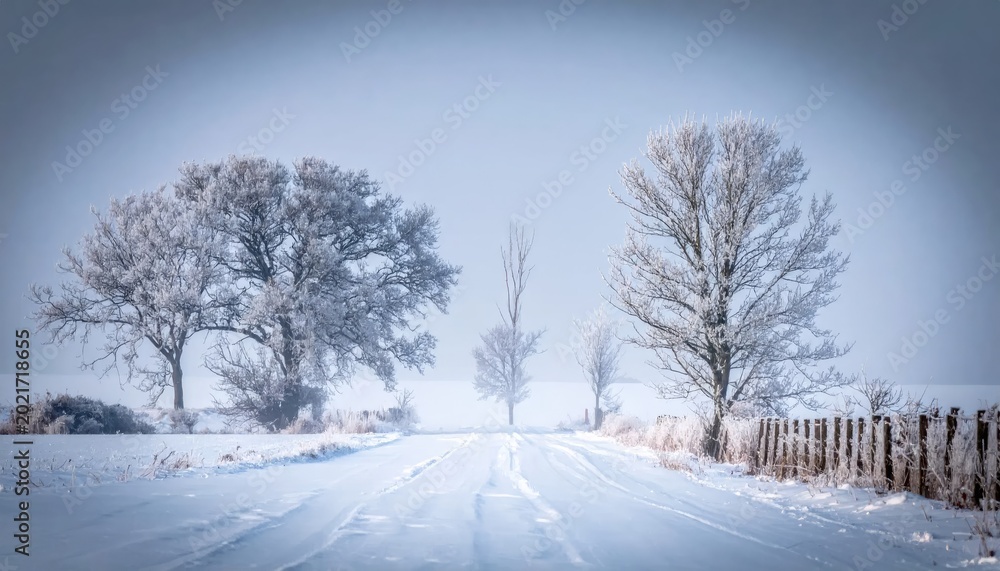 Obraz premium Winter landscape scene with frosted trees and a snow covered road under a bright sky