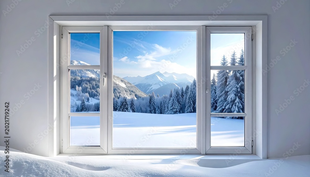 Obraz premium Winter landscape through window snowy mountains and pine trees view