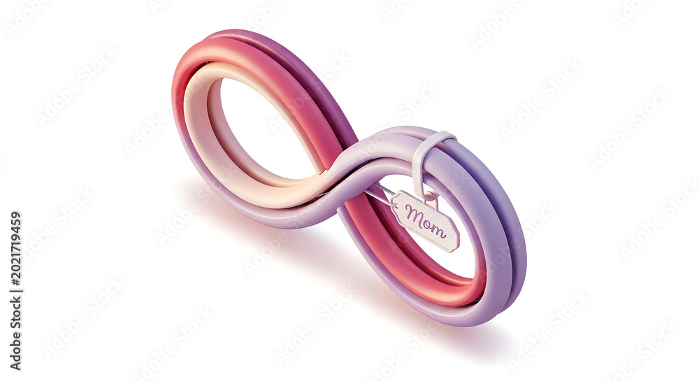 Fototapeta premium Vibrant metallic infinity symbol made of intertwined rings glows on white background