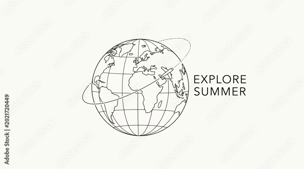 Fototapeta premium Minimalist line art illustration of a globe with a plane travel concept.