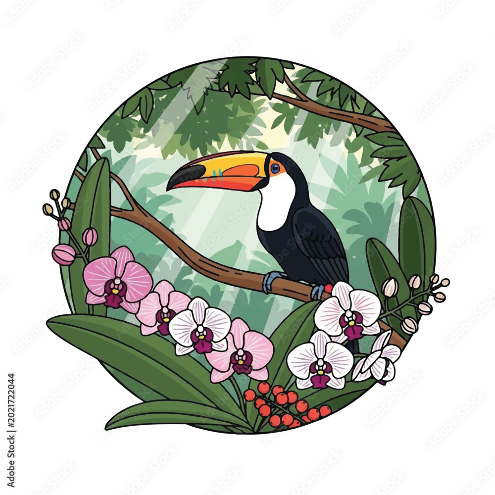 Obraz premium Colorful Toucan Perched on Branch.