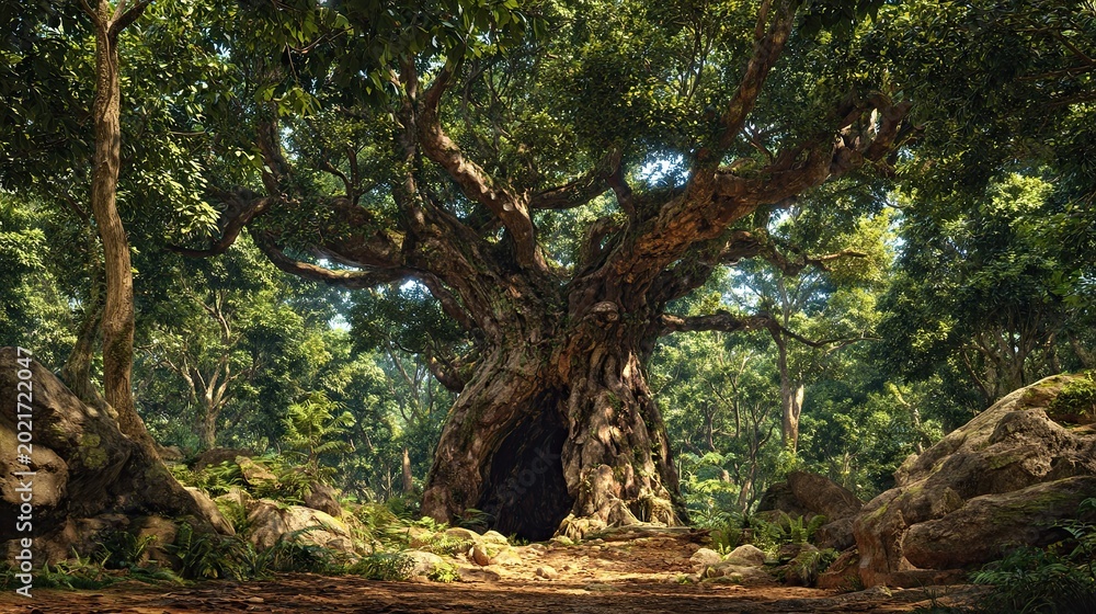 Fototapeta premium Macadamia Tree - Majestic Ancient Forest Panorama with Natural Trunk Hollow Scenery