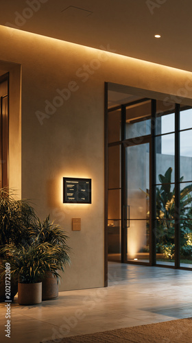 Smart Home Control Panel: A modern smart home control panel illuminated by warm ambient light, mounted on a wall in a contemporary living space.