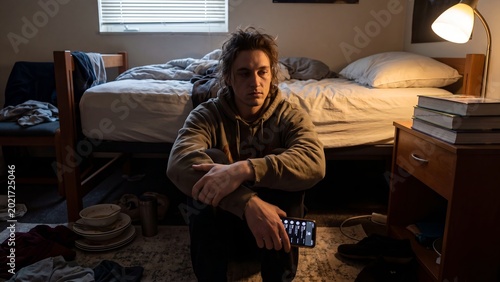 A young man sitting in a dimly lit bedroom, looking distressed while holding a smartphone in his lap