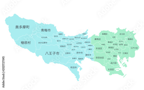 Tableau sur toile 分割できる東京都の地図のイラスト（二色）　市、町、村、区　パーツ分け