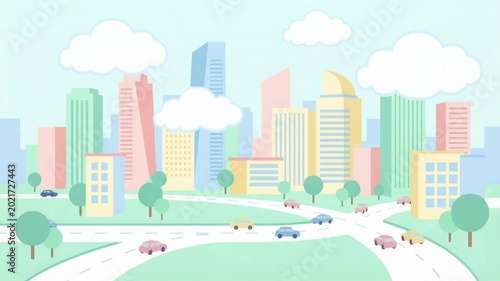 Flat design vector animation of a vibrant city skyline with colorful skyscrapers, moving clouds, and cars driving along winding roads and overpasses.