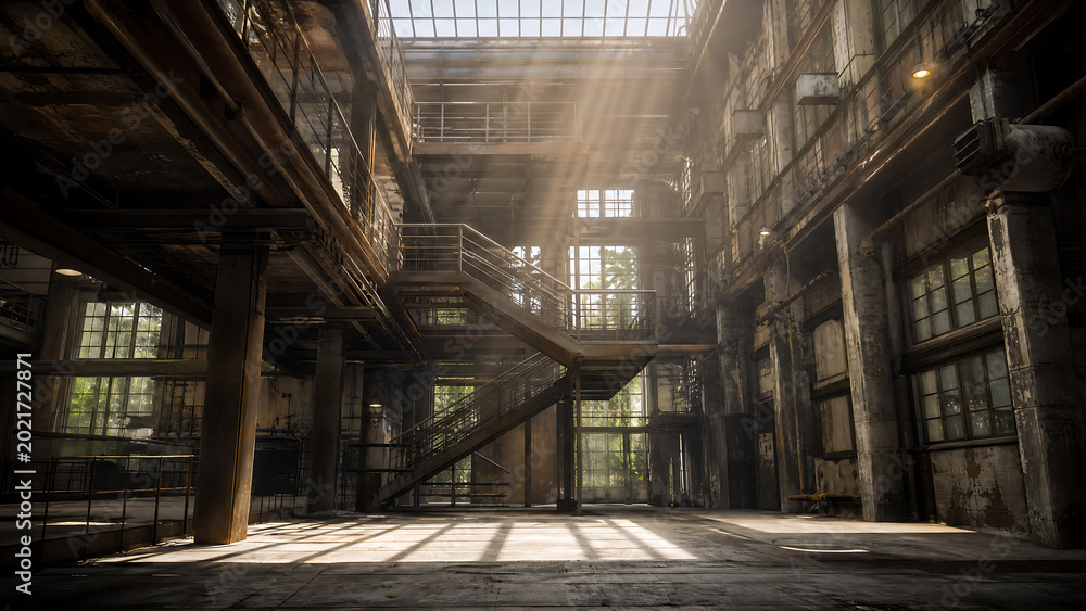 Fototapeta premium Sunbeams shining through windows in old industrial building