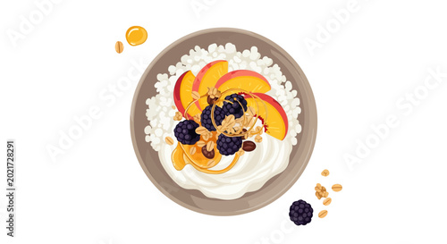 Healthy cottage cheese bowl with peach slices and blackberries