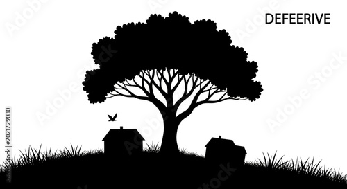 Tree Silhouette with Small Houses and Bird on Grassy Hill