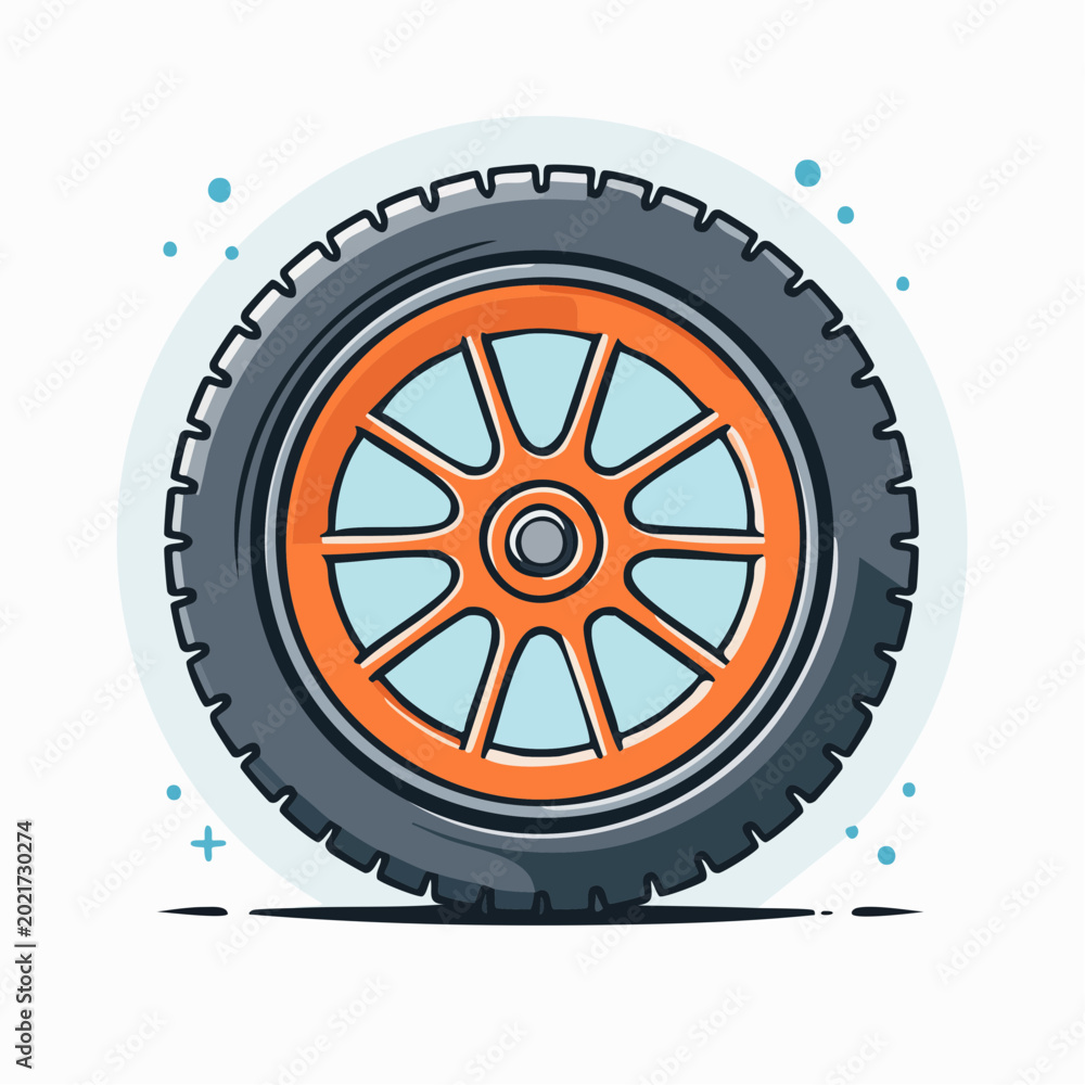 Fototapeta premium Cartoon illustration of a car wheel with orange rim