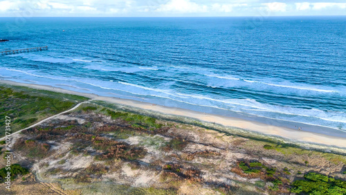 Bild auf Leinwand Aerial View of Gold Coast Beach with Ocean Waves and Coastal Vegetation