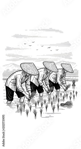 Black and White Illustration of Farmers Working in Rice Field