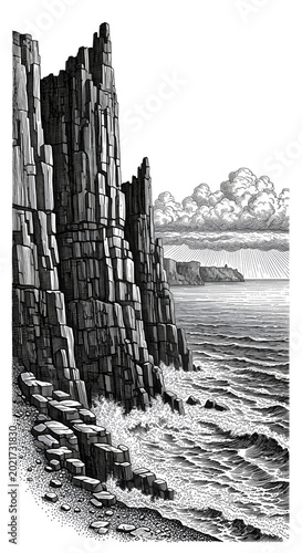 Black and White Illustration of Rugged Rocky Coastline and Distant Hills