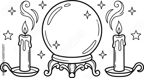 Foto Mystical crystal ball line art illustration with burning candles and stars, magical fortune teller setup for occult or spiritual coloring page