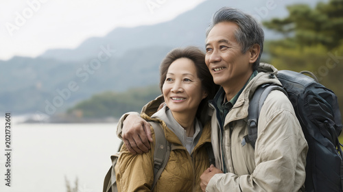 Smiling Asian Senior Couple Enjoying a Scenic Outdoor Hike Together