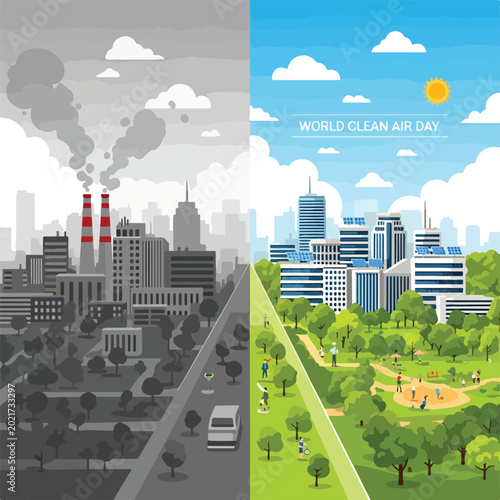Fényképezés A cityscape split into polluted and clean environments