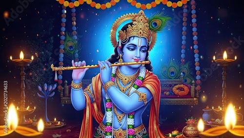 Ethereal depiction of Krishna playing flute amidst festive illumination and ornamentation creating