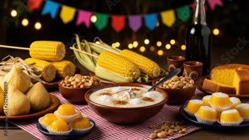Festive June party foods arrangement on wooden table with corn, peanuts and sweets