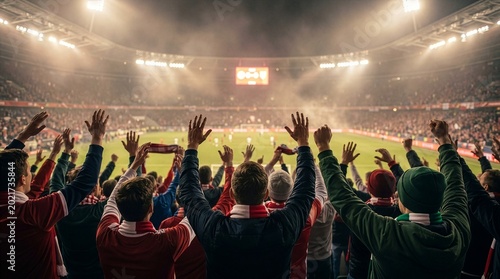 Soccer fans cheering in illuminated stadium during international football match
