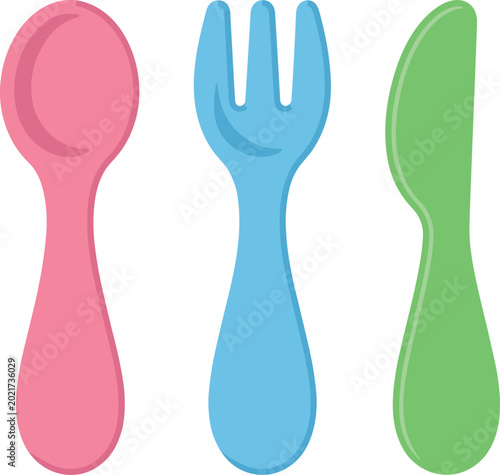 Schilderij op canvas Colorful Kids Spoon Fork and Knife Set, Cute Plastic Cutlery Illustration for Ch