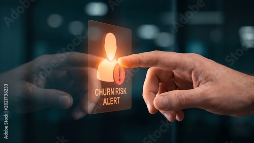 Digital interface displaying a 'Churn Risk Alert' icon, emphasizing the critical need for businesses to implement proactive customer retention strategies and prevent user attrition effectively