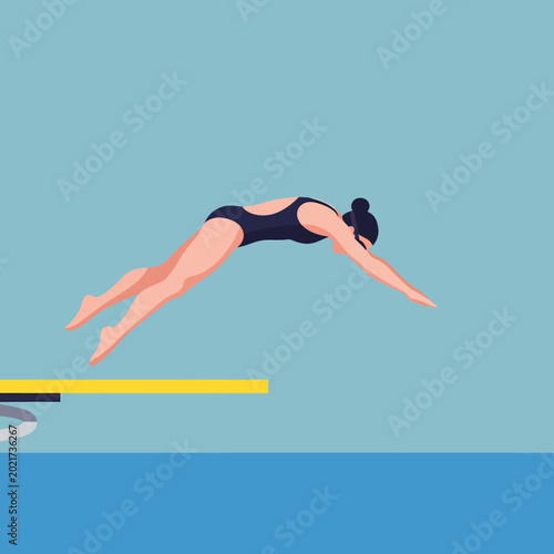 Foto Athletic woman jumping off yellow springboard into blue water