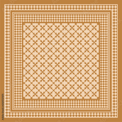 Abstract Modern Geometric Scarf Design: Elegant Keffiyeh Shemagh Pattern with Black Diamond and Cross Motif on Mustard Background for Fashion Textile Print
