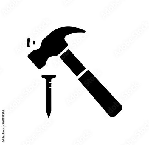 Simple Black Hammer and Nail Icon Set