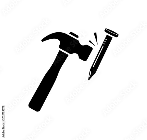 Bold Black Hammer and Nail Icon Set